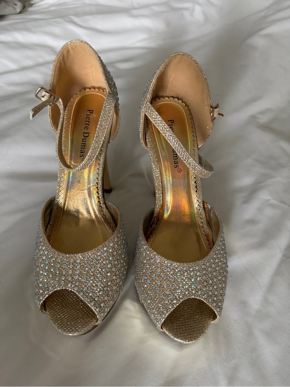Pierre Dumas Sparkling Gold Peep-Toe Ankle-Strap Heels